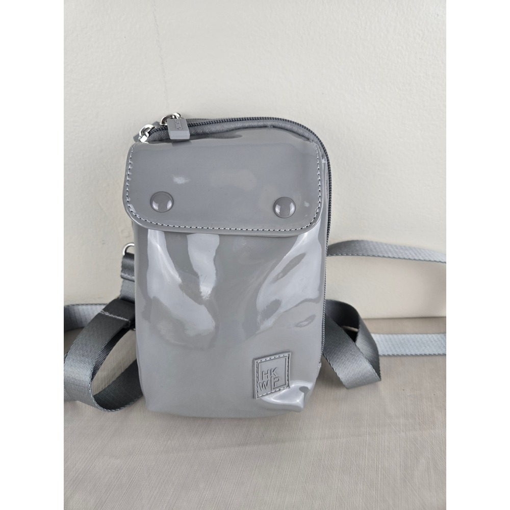 IHKWIP Grey Patent Crossbody Phone Bag Small Messenger Travel Tech Organizer